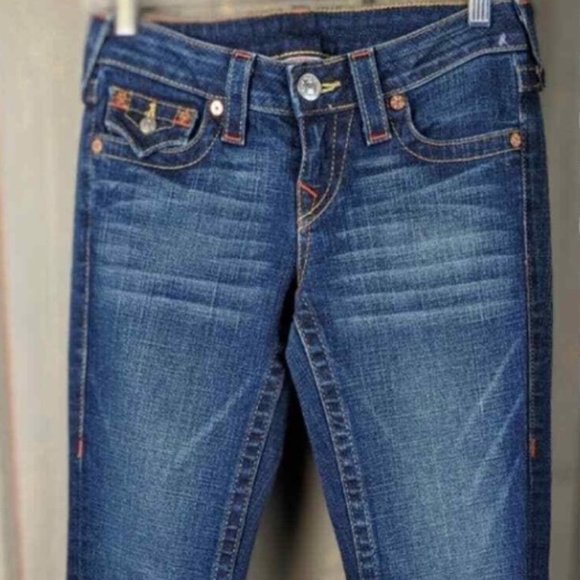 True Religion Joey Flare Low Rise Embroidered Denim Blue Jeans Women’s 27 - Picture 2 of 5